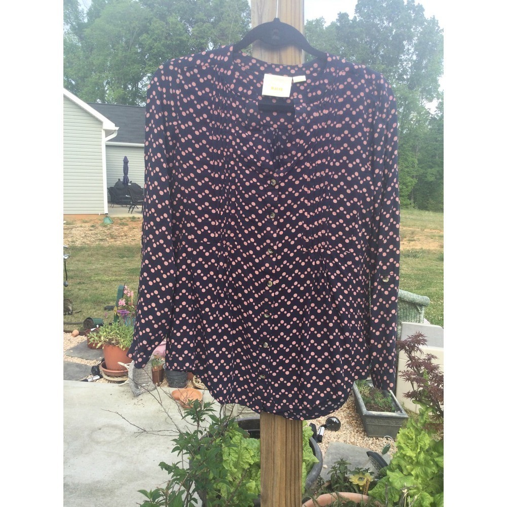 Maeve Anthropologie button up shirt polka dot navy blue career spring office